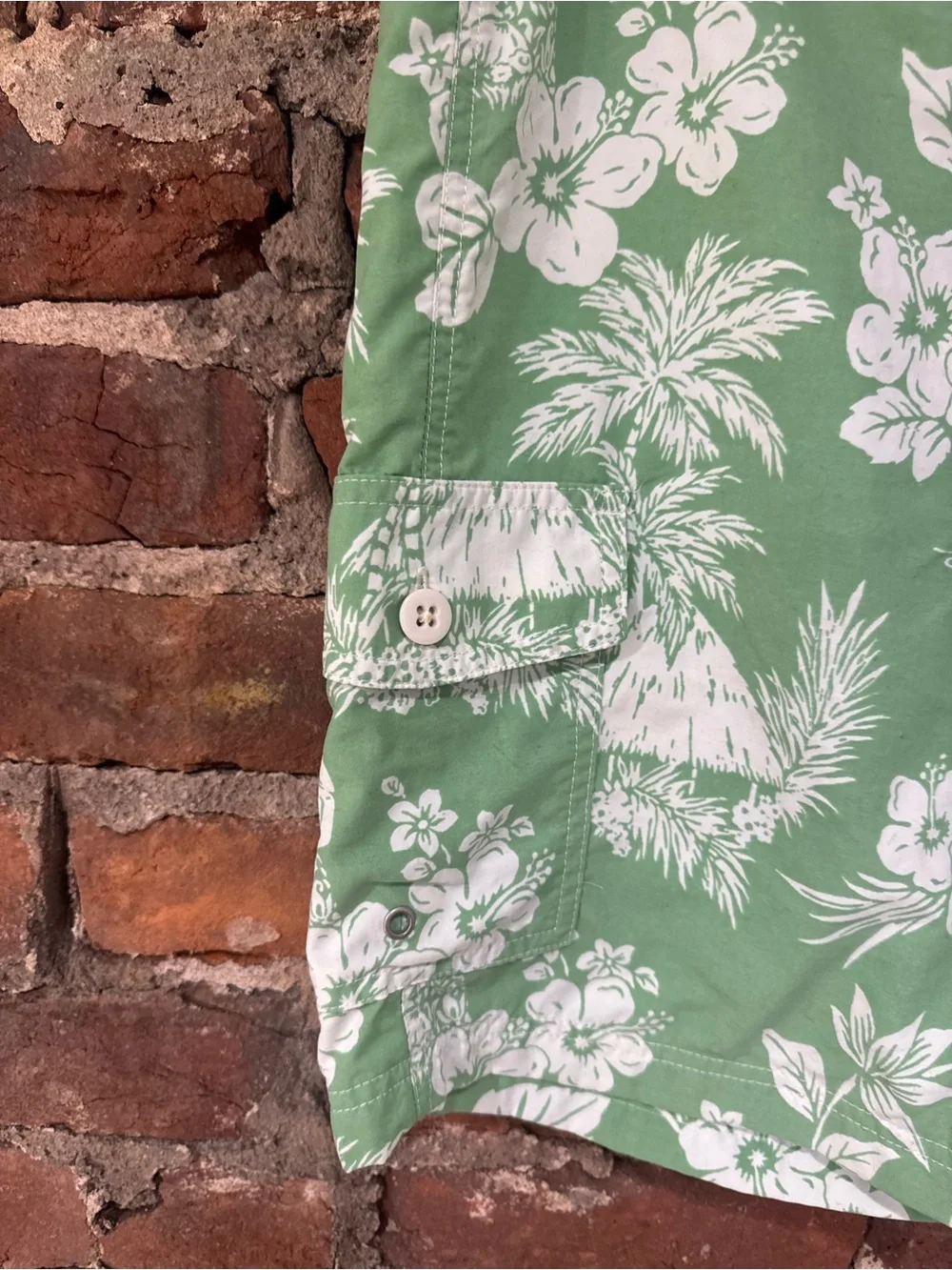 J. Crew Men’s Green Floral Swim Shorts with Orange Drawstring